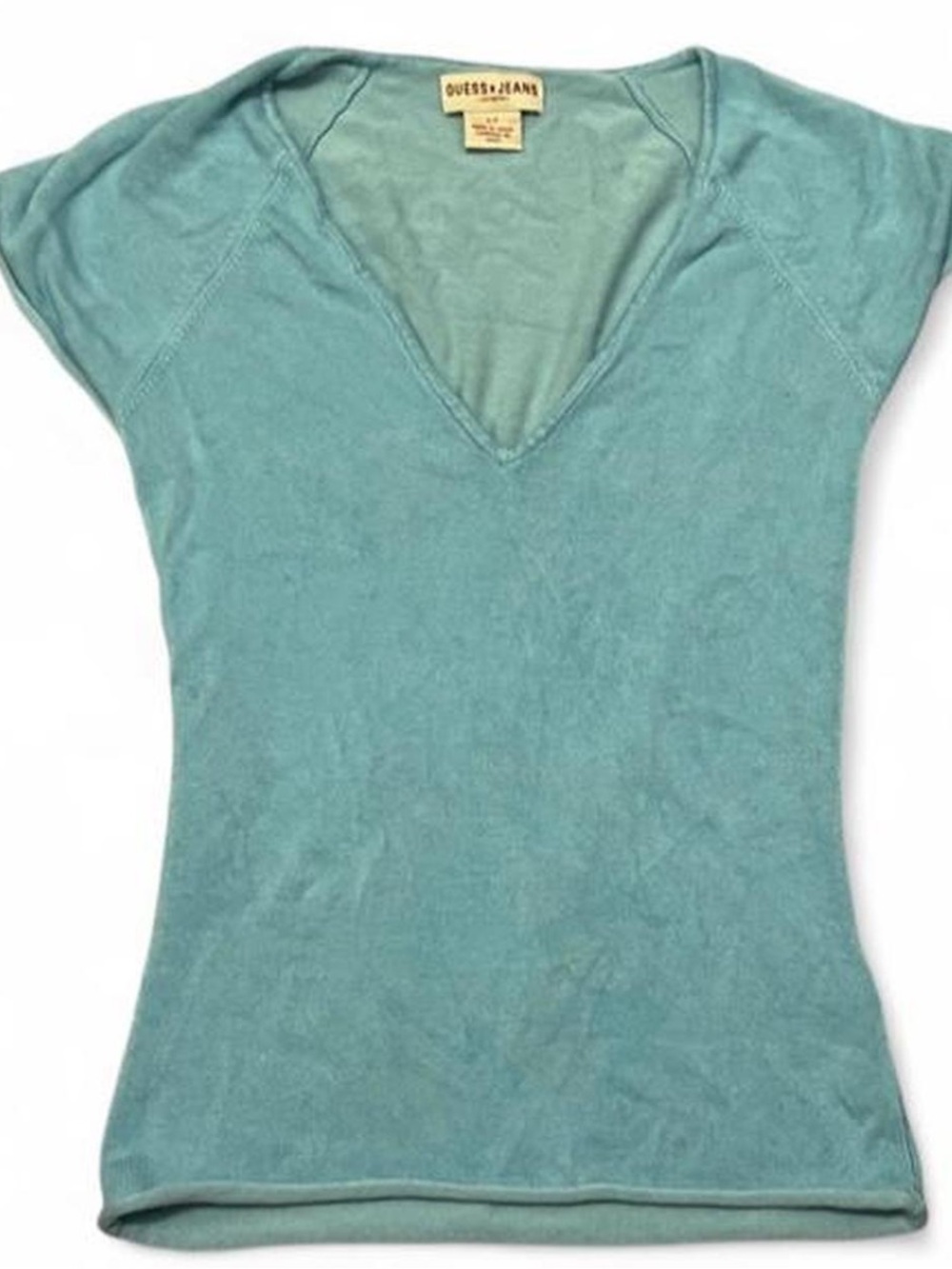 Guess Jeans Vintage Y2K Stretchy Knit Baby Blue Blouse V-Neck Tee Shirt